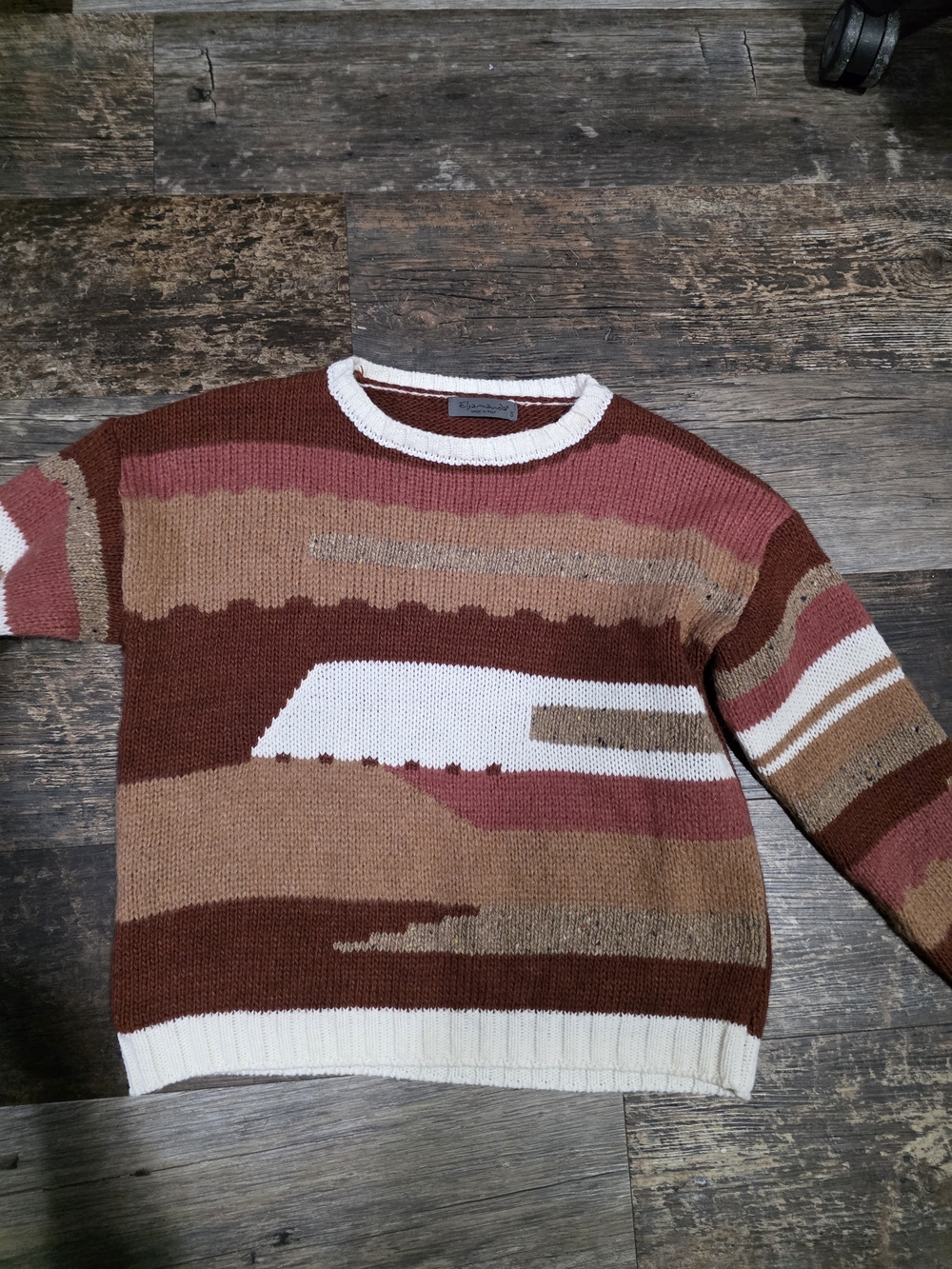 Elsamanda Crewneck Sweater in Brown, Rust & White Made In Italy